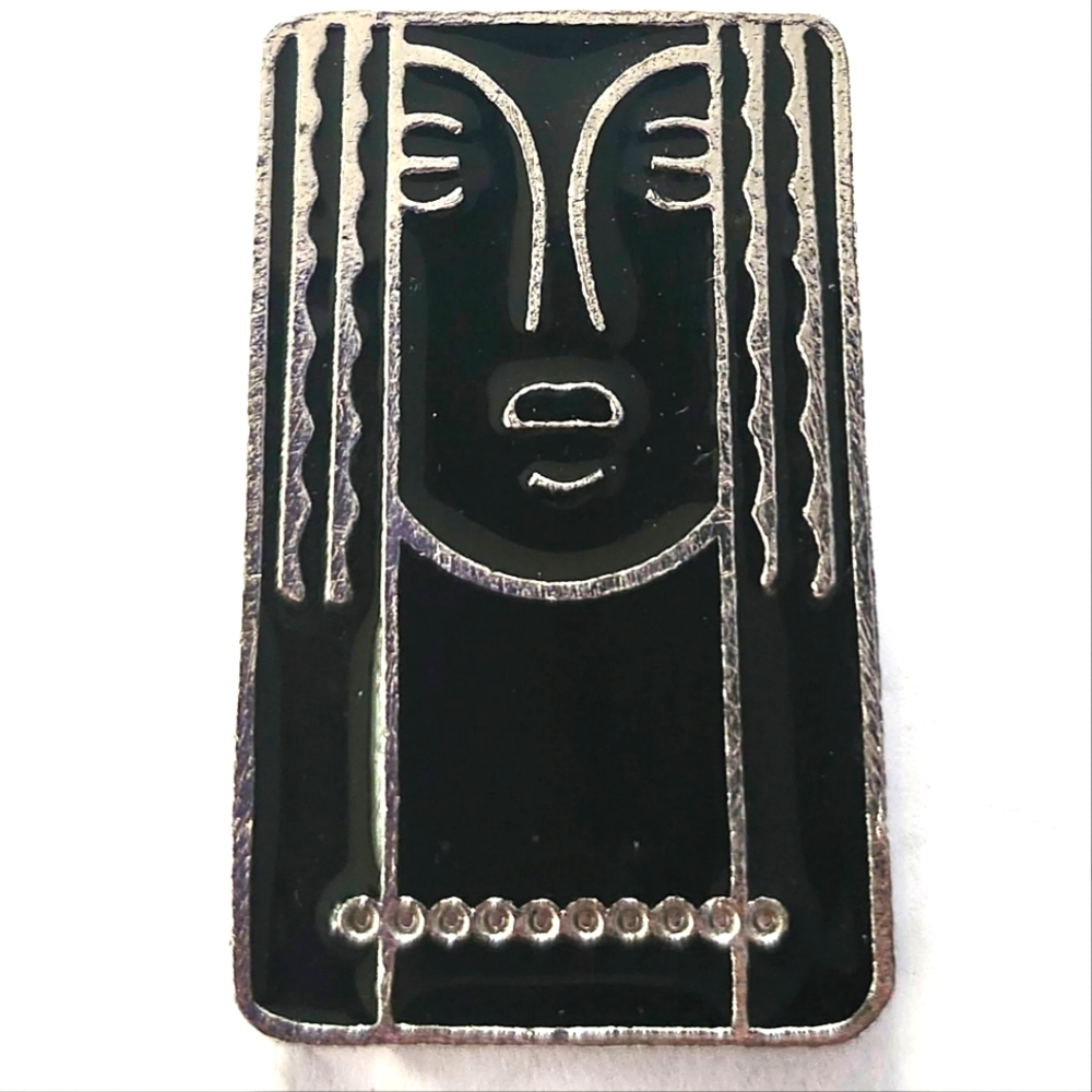 Vtg 1975 Charles of The Ritz Pewter Black Enamel Art Deco Woman Pin  Brooch